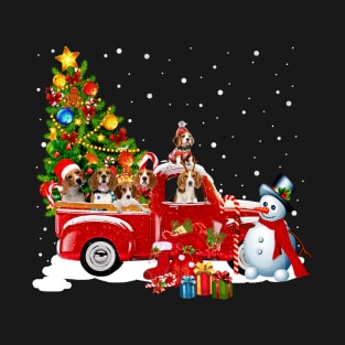 Beagle Dogs On Red Truck Funny Gift Christmas T-Shirt