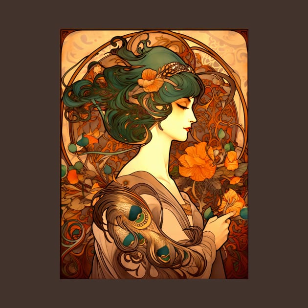 Alphonse Mucha Inspired Art Nouveau Peacock Lady by entwithanaxe