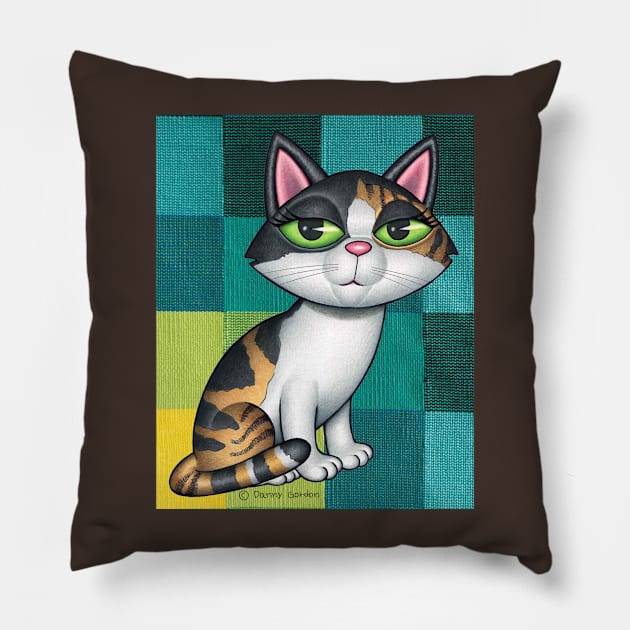 Cute Calico Cat on Greenish and yellow squares Pillow by Danny Gordon Art