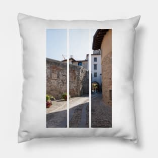 North Italy Life in the center of the lombard medieval city. Walking through narrow streets and walls. Sunny summer day. (vertical) Pillow