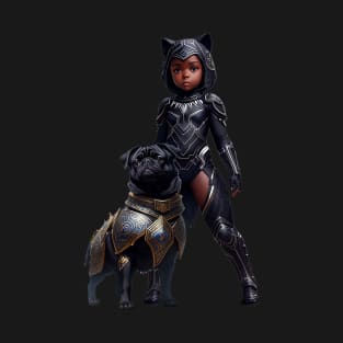 Black Pug Puppy in Gold Armor and Heroic African Princess T-Shirt