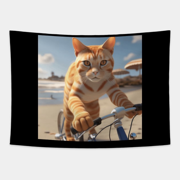 Ginger Cat Riding A Bicycle Along The Beach Tapestry by Musical Art By Andrew