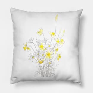 white daisy and yellow daffodils ink and watercolor Pillow