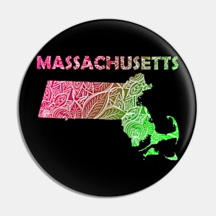 Colorful mandala art map of Massachusetts with text in pink and green Pin