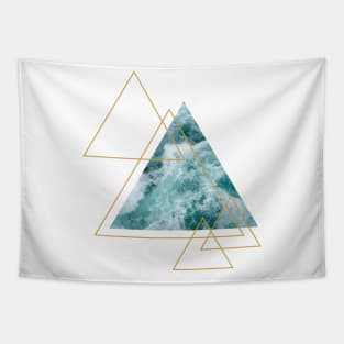 Rough Blue Ocean Waves with Gold Triangles Tapestry