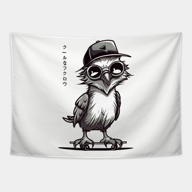 Owl On Skateboard Funny Bird Tapestry by Andriaisme