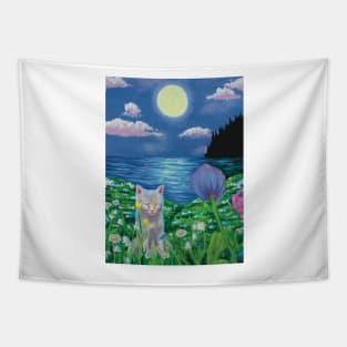 Calm landscape and cute cat cottagecore Tapestry