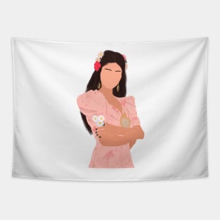 Sel in Pink Flower Dress Outfit Heart Fan Art Tapestry