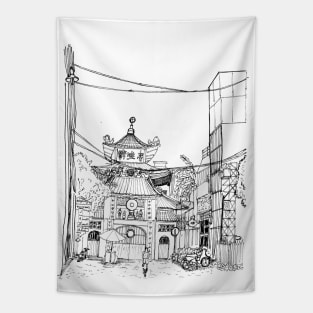 Saigon Old Temple Vietnam Pen and Ink Illustration Tapestry