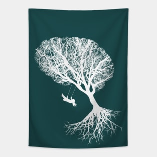 Tree branches shape of a brain, brain art, brain silouette with swing Tapestry