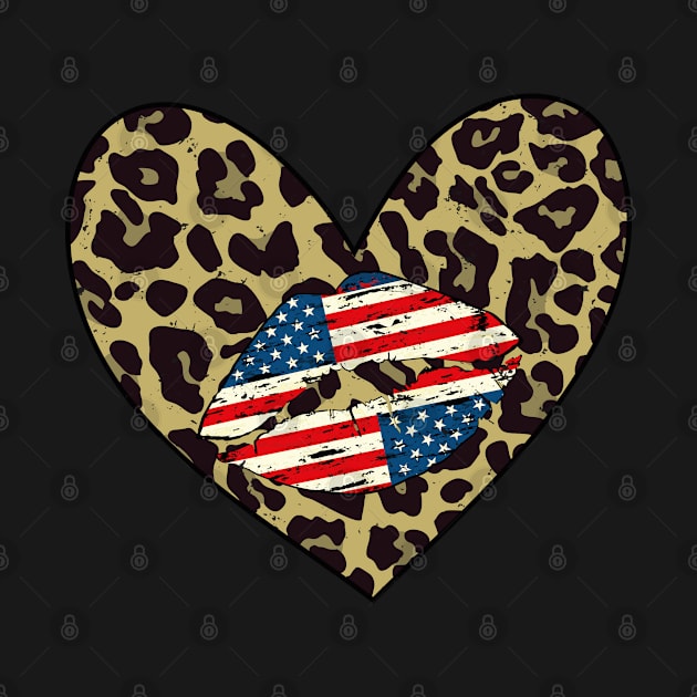 Cute Leopard Heart Gift - Distressed USA Kiss Gift - Fourth Of July Patriotic Gift Idea by WassilArt