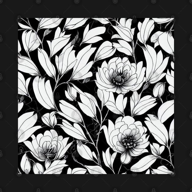 Black and White Vintage Floral Cottagecore Romantic Flower Peony Rose Leaf Design by VintageFlorals