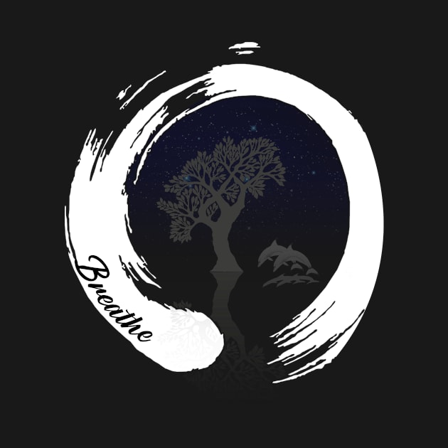 Zen like circle with tree dolphin night sky and text Breathe, yoga by CHNSHIRT