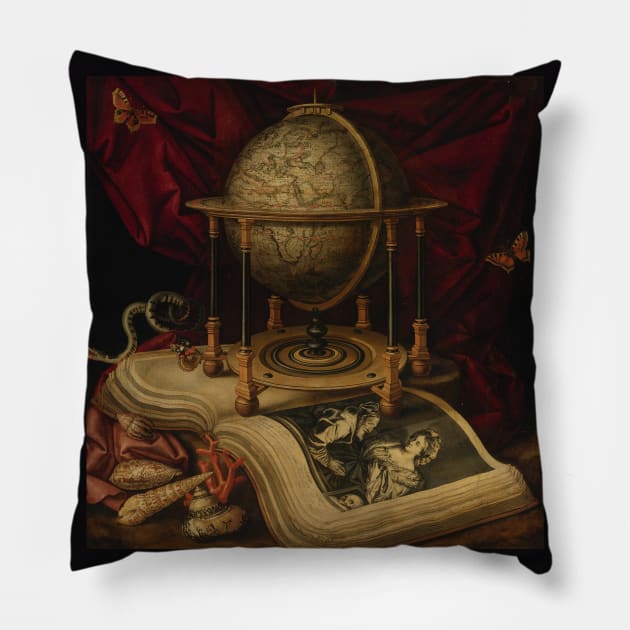 Vanitas Still Life with Celestial Globe, a Book, Shells, a Snake and Butterflies by Carstian Luyckx Pillow by Amanda1775