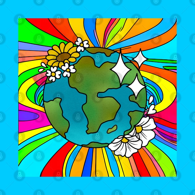 Vibrant 70s Style Planet Earth with Flowers (MD23ERD005) by Maikell Designs