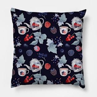 Strawberry Pattern with raspberries, blackberries and teapot Pillow