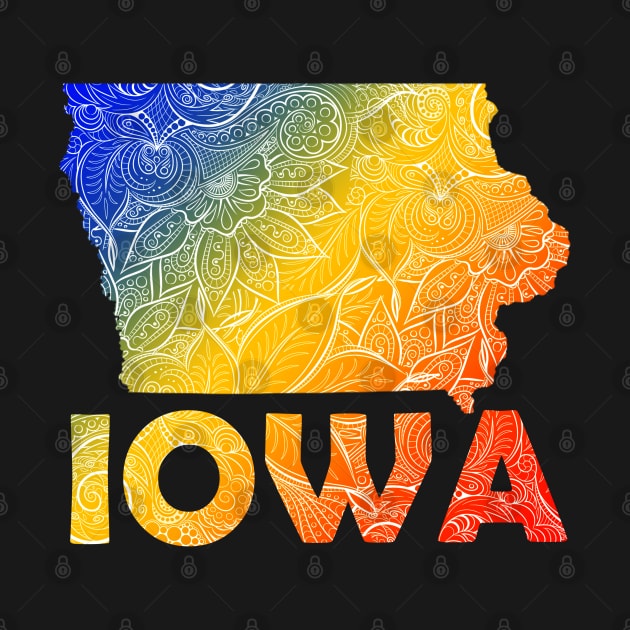 Colorful mandala art map of Iowa with text in blue, yellow, and red by Happy Citizen