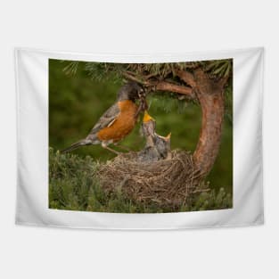 American Robin Feeding Chicks Tapestry