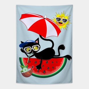 Cat Cartoon and Juicy Watermelon Summertime Chill Humorous Character Tapestry