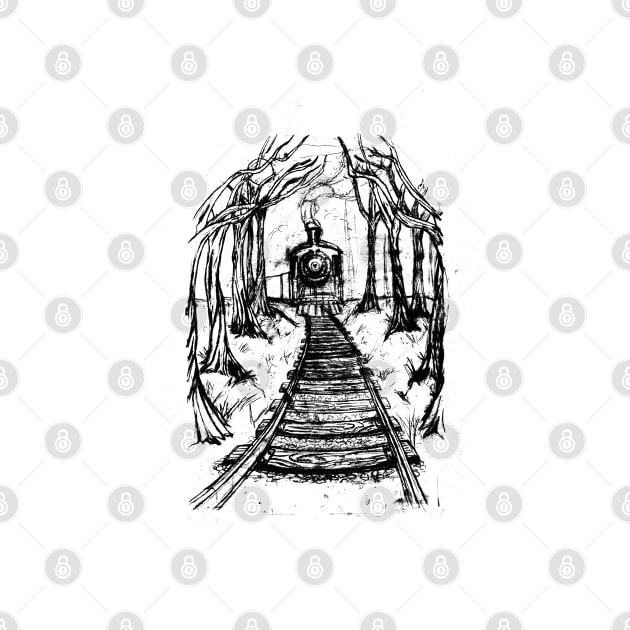 Wooden Railway , Pencil illustration railroad train tracks in woods, Black & White drawing Landscape Nature Surreal Scene by IrenesGoodies