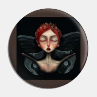 Red Head Gothic Faerie Queen Black Butterfly Wings Dreaming Lowbrow Fairy tale Art Portrait Pin