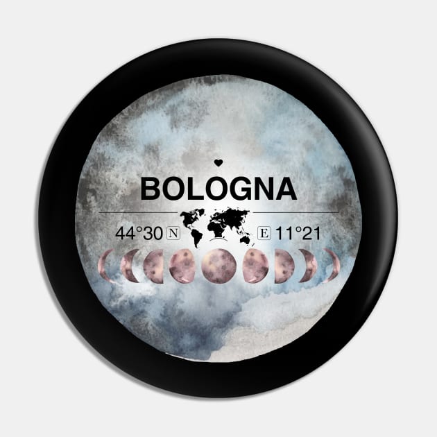 Bologna, Emilia-romagna, Italy, Watercolor Design with Latitude & Longitude Map Coordinates Pin by MapYourWorld