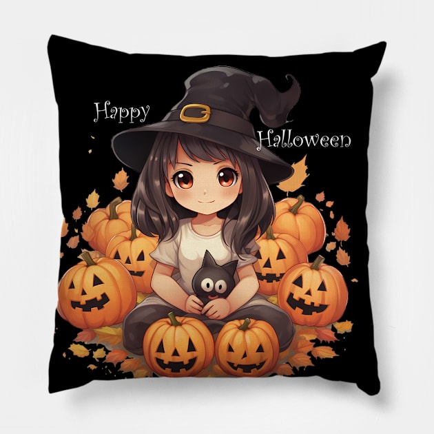Cute little witch with black cat for Halloween. Pillow by MLArtifex