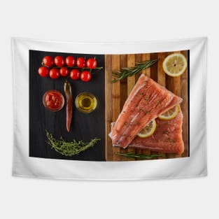 Raw salmon fillets on a wooden board Tapestry