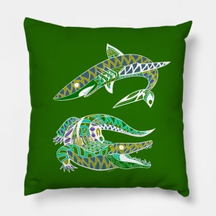 the kings of the swamp the shark and the alligator ecopop green art Pillow