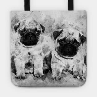 Pug Puppies. Dog Watercolor Portrait black and white 01 Tote