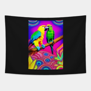 2 RICHLY COLORED PARROTS  WITH RAINBOWS Tapestry