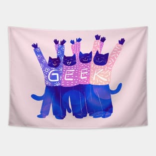 The four cute cats celebrate being GEEKS Tapestry