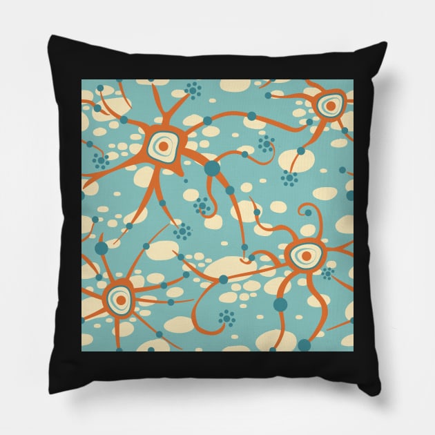 neural network - pattern orange on light blue Pillow by colorofmagic