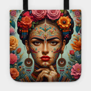 Latina woman folk art, frida kahlo looklike, flowers and tattoo Tote