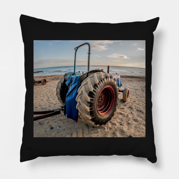 Closeup fisheye view of a tractor used for crab fishing on Cromer beach Pillow by yackers1