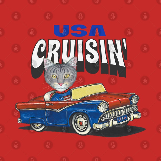 Humorous funny and cute gray tabby kitty cat cruisin' the USA with a vintage classic retro car tee by Danny Gordon Art