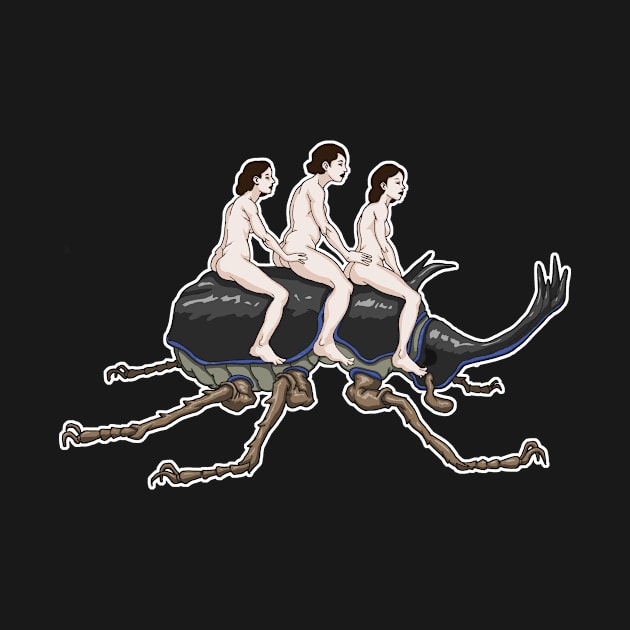 Three Woman on a Rhinoceros Beetle in the Underworld. by bananaobasan