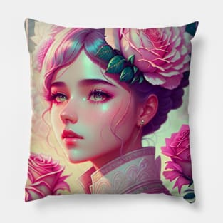 Girl With Pink Roses Pillow