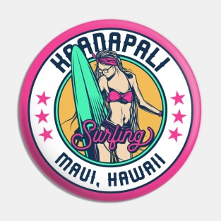 Retro Surfer Babe Badge Kaanapali Beach Maui Hawaii Pin