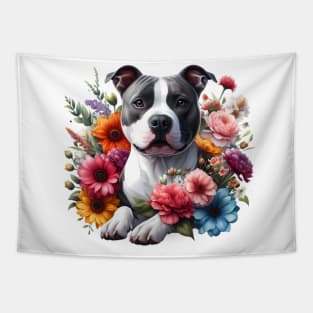 A staffordshire bull terrier decorated with beautiful colorful flowers. Tapestry