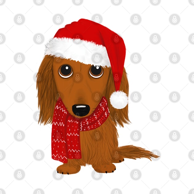 Longhaired Dachshund with Santa Hat Cute Christmas Wiener Dog by Coffee Squirrel