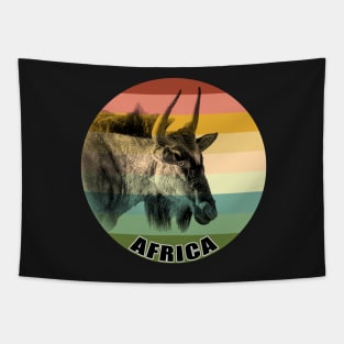 Blue Wildebeest Close-up on Vintage Retro Africa Sunset Tapestry