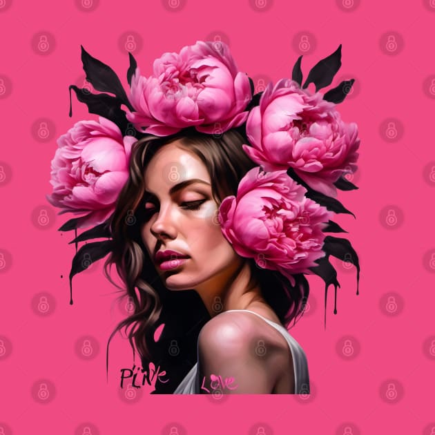 Flower Head Woman with Pink Peony Roses by Ravenglow