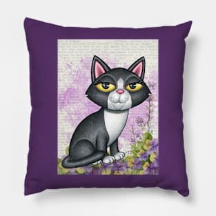 Fun black and white kitty cat with purplish flowers Pillow