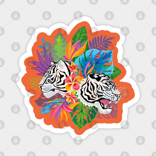 White Tigers and Exotic Flowers Magnet by Cool Abstract Design