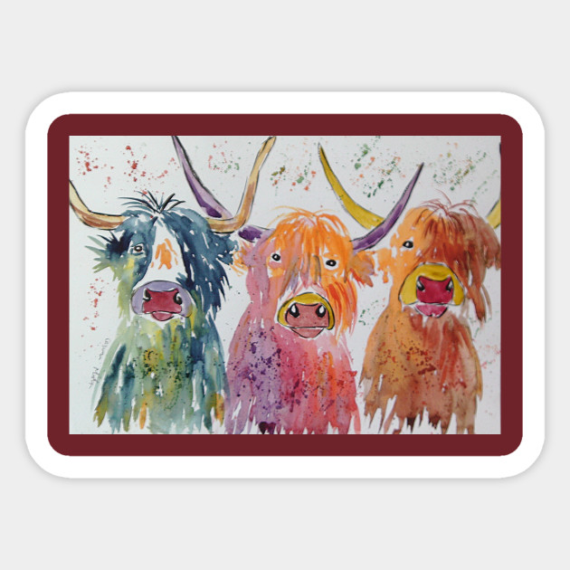 Three Funny Colourful Highland Cows Cows Sticker Teepublic