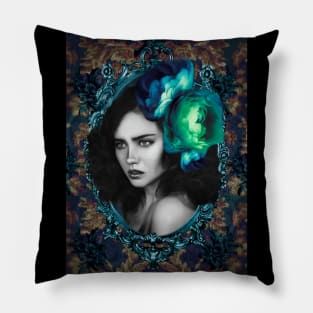 Green & Turquoise Flowers Portrait Realistic digital Illustration Wall artwork Pillow