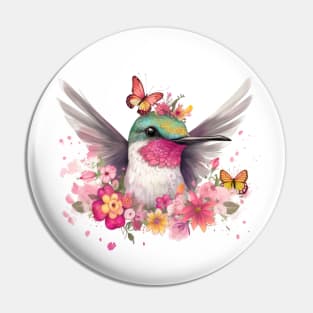 Cute Hummingbird with Flowers and Butterflies Pin