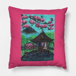 Japanese House by the Mountain Pillow