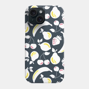 White silhouettes of bananas, strawberries, lemons, pears, and cherries on a black background Phone Case